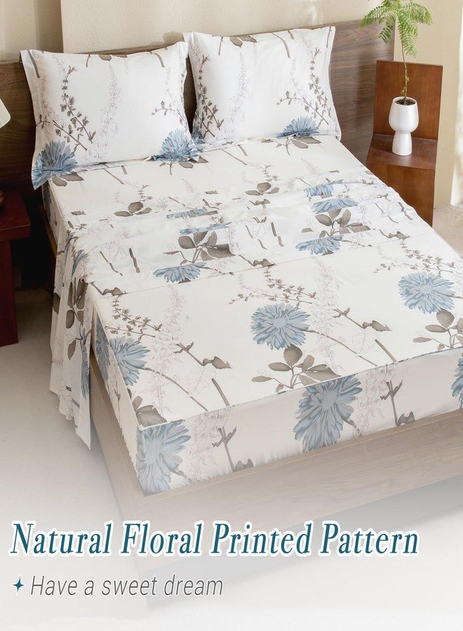 Lady Ann 100% Cotton Floral King Size Sheets Set Deep Pockets, Blue Flowers Printed on Off White Pattern Cotton Cottagecore Bedding Sheets for King Size Bed Cozy Botanical Bed Sheets - Image 3