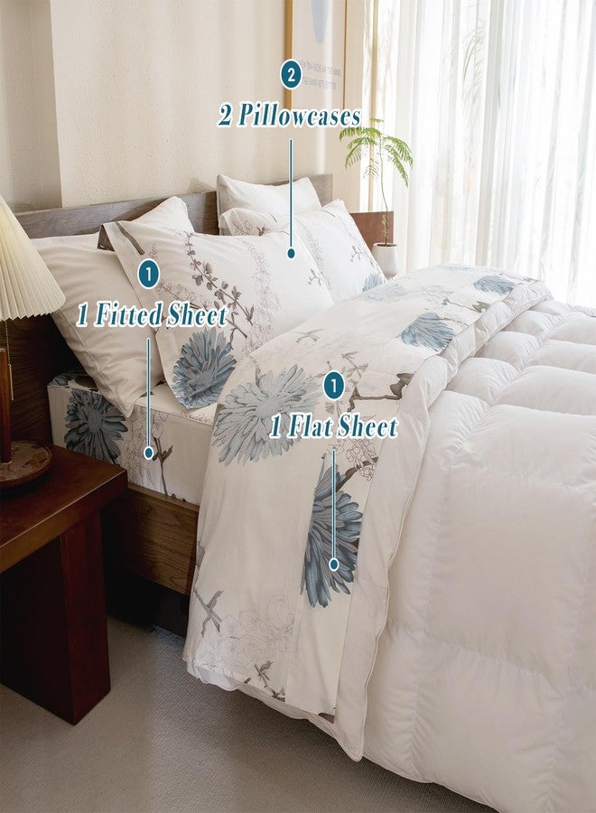 Lady Ann 100% Cotton Floral King Size Sheets Set Deep Pockets, Blue Flowers Printed on Off White Pattern Cotton Cottagecore Bedding Sheets for King Size Bed Cozy Botanical Bed Sheets - Image 5