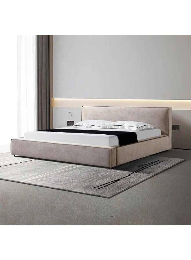 إطار سرير أرضي عصري، مخمل منجد، تصميم منخفض | Bed 90 W x 120 H x 200 L | اللون: بيج فاتح | إم دي إف (MDF)
