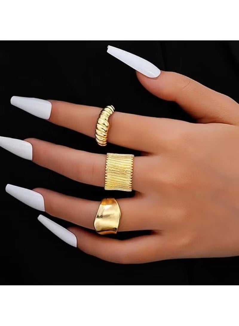 Huitich Irregular Opening 3-Piece Gold Color Ring Set – Modern Minimalist Style  - Image 3