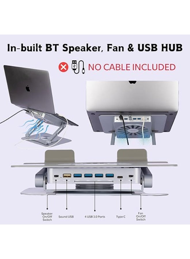 360° Rotating Metal Laptop Stand with Adjustable Height, Cooling Fan, Bluetooth Speaker, and USB Hub – Notebook Stand for Office and Home - Image 2