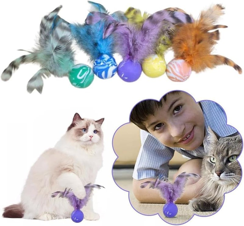 YelaJoy 5pcs Furry Rattle Ball Cat Toy Set with Feather Tails & Catnip - Image 4