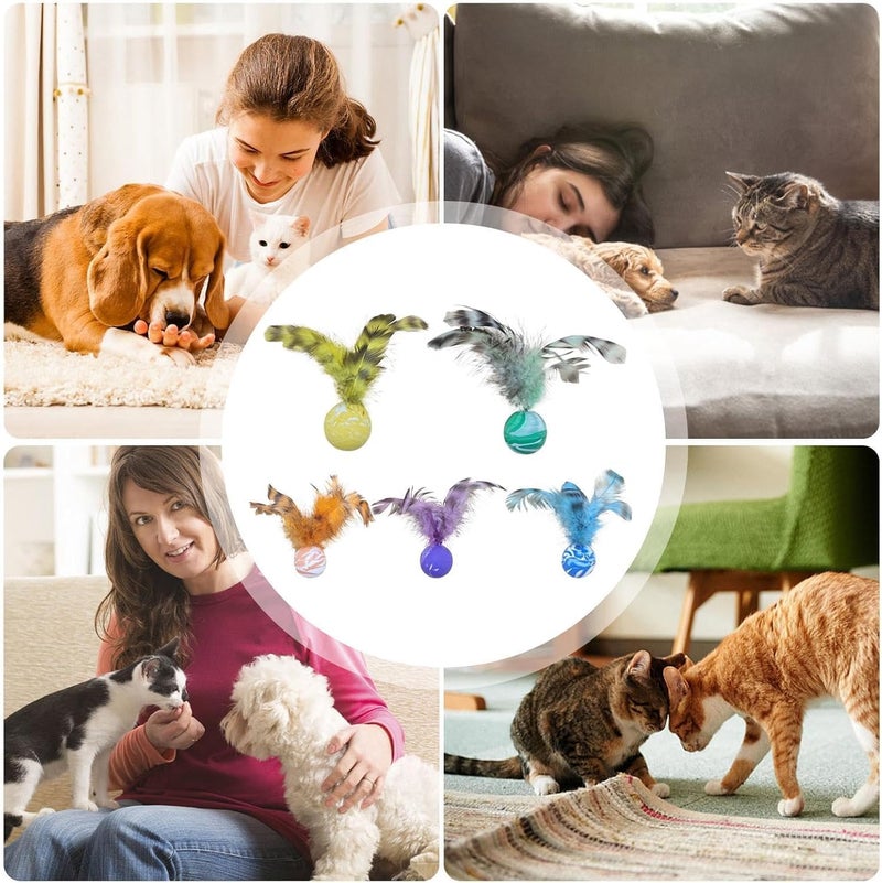 YelaJoy 5pcs Furry Rattle Ball Cat Toy Set with Feather Tails & Catnip - Image 5