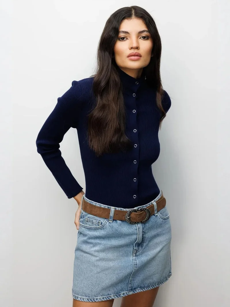 MixRay MIXRAY Slim Fit Half Turtleneck Cardigan with Button Closure