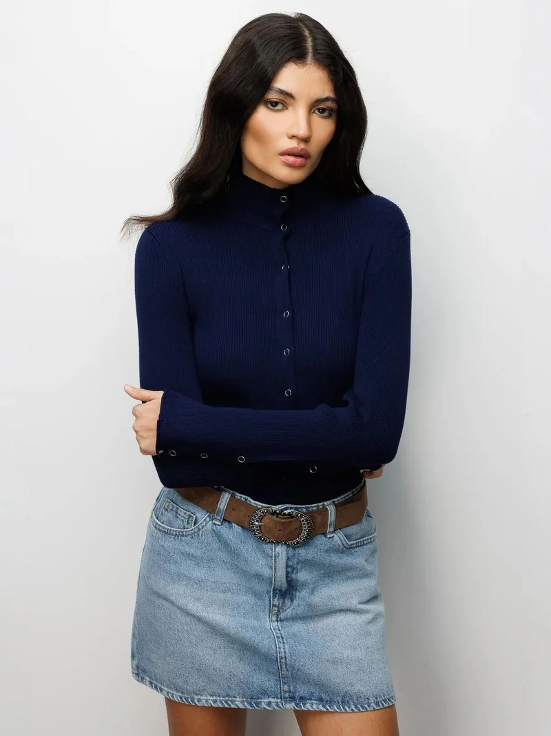 ميكسراي MIXRAY Slim Fit Half Turtleneck Cardigan with Button Closure