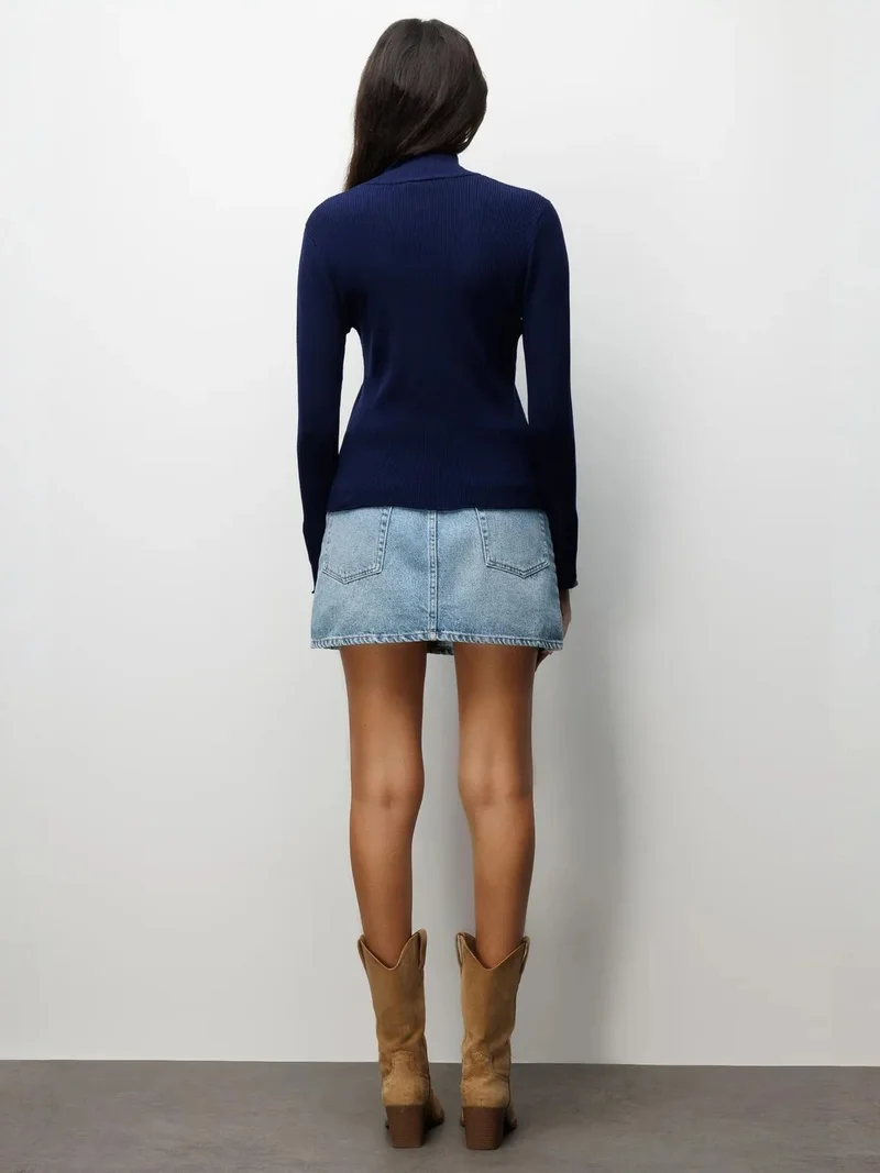 Mixray Navy Blue MIXRAY Slim Fit Half Turtleneck Cardigan with Button Closure for Women | Best Price UAE