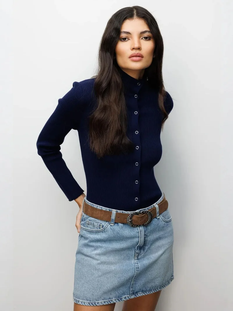 Mixray Navy Blue MIXRAY Slim Fit Half Turtleneck Cardigan with Button Closure for Women | Best Price UAE
