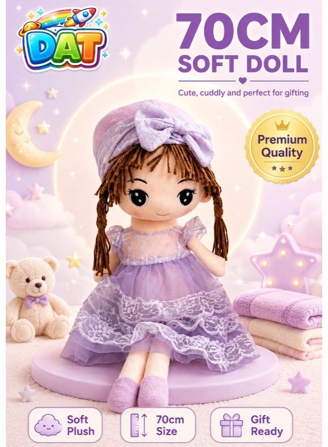 DAT Soft Plush Girl Doll with Lace Dress, Bow Headband & Braided Hair 70cm – Pink, Purple - Image 1