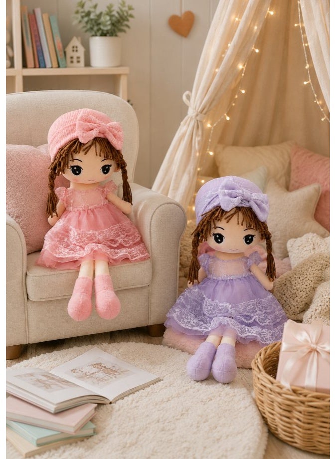 DAT Soft Plush Girl Doll with Lace Dress, Bow Headband & Braided Hair 70cm – Pink, Purple - Image 3