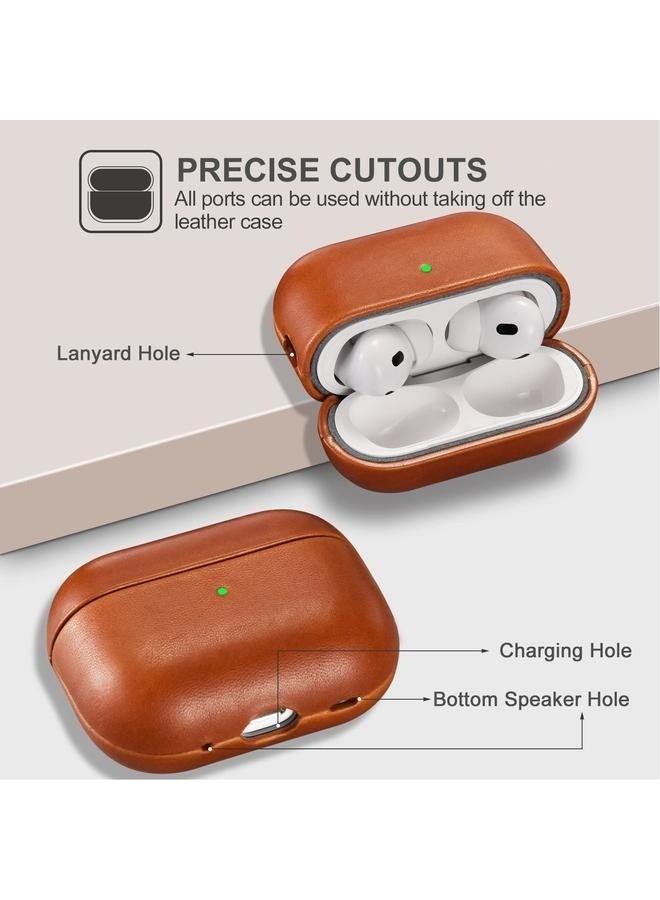 Leather Case Cove For Apple AirPods Pro Brown,Genuine Leather Shockproof Protective Cover for AirPods Pro Earphones Charging Case Support Wireless Charger Brown - Image 2