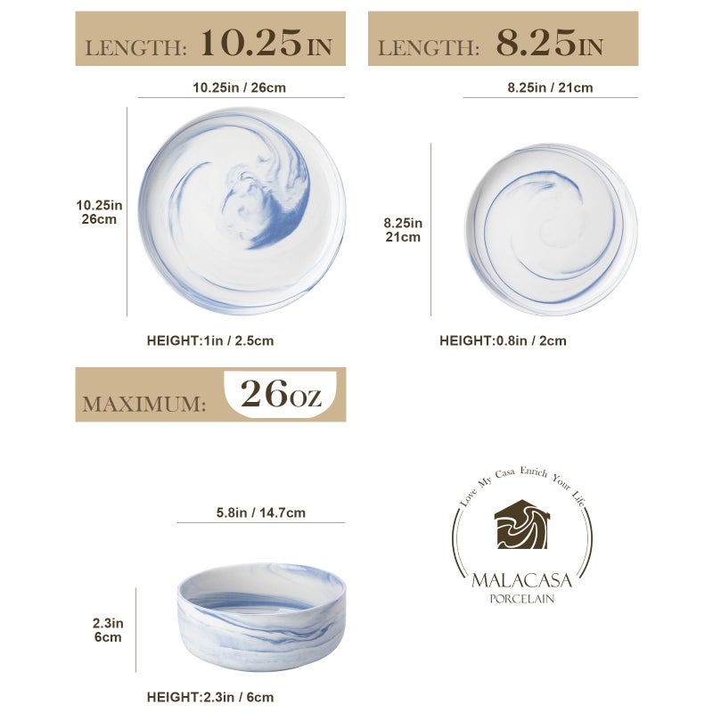 MALACASA Plates and Bowls Sets, 12 Pieces Porcelain Dinnerware Sets Dishware Sets Chip Resistant Ceramic Dish Set Dining Dinner Ware Service for 4, Marble Blue, Series LUNA - Image 2