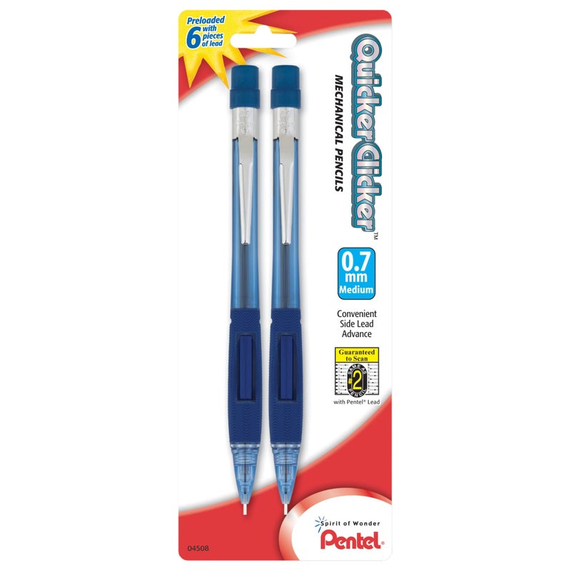 Pentel Quicker Clicker Mechanical Pencil, (0.7mm), Transparent Blue Barrel, Pack of 2 (PD347BP2-K6)