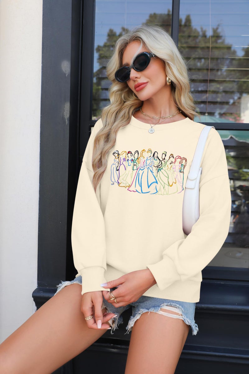 BANGELY Magical Sweatshirt Women Cute Embroidered Magic Princess Sweater Family Vacation Shirt Casual Long Sleeve Top Apricot - Image 4