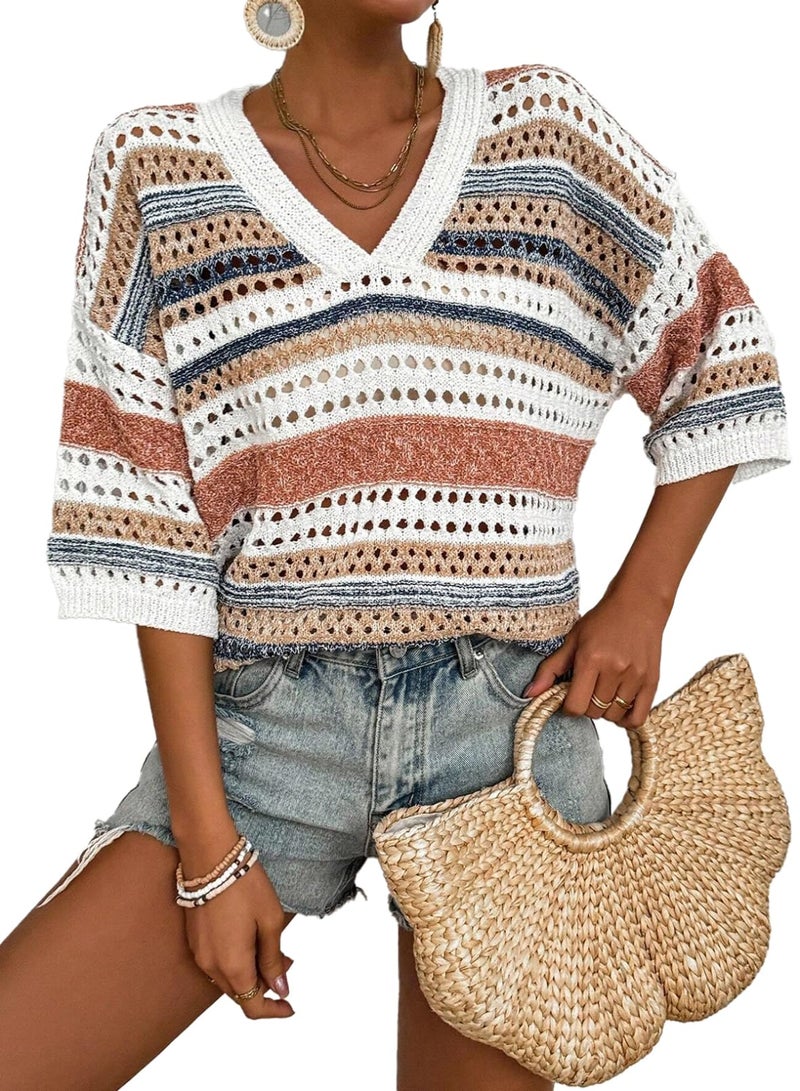 Acelitt Womens Spring Summer Short Sleeve Crochet Sweater 2026 Fashion Trendy Hollow Out V Neck Striped Knitted Tops Beach Vacation Cruise Outfits Resort Wear Khaki Medium - Image 1