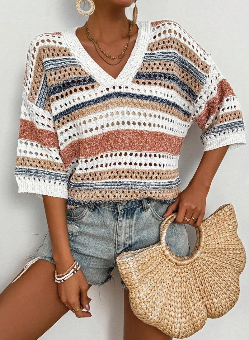 Acelitt Womens Spring Summer Short Sleeve Crochet Sweater 2026 Fashion Trendy Hollow Out V Neck Striped Knitted Tops Beach Vacation Cruise Outfits Resort Wear Khaki Medium - Image 2