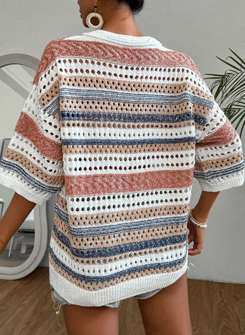 Acelitt Womens Spring Summer Short Sleeve Crochet Sweater 2026 Fashion Trendy Hollow Out V Neck Striped Knitted Tops Beach Vacation Cruise Outfits Resort Wear Khaki Medium - Image 5
