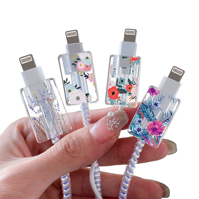 CameCosy Cute Flowers Cable Protector for iPhone Typec ChargerRed Roses Camellia Green Leaves Bouquet Pattern 4 PCS Set Cable Protector for Women Girls Kids TeenCable ChomperPhone Charger SaverClear - Image 2