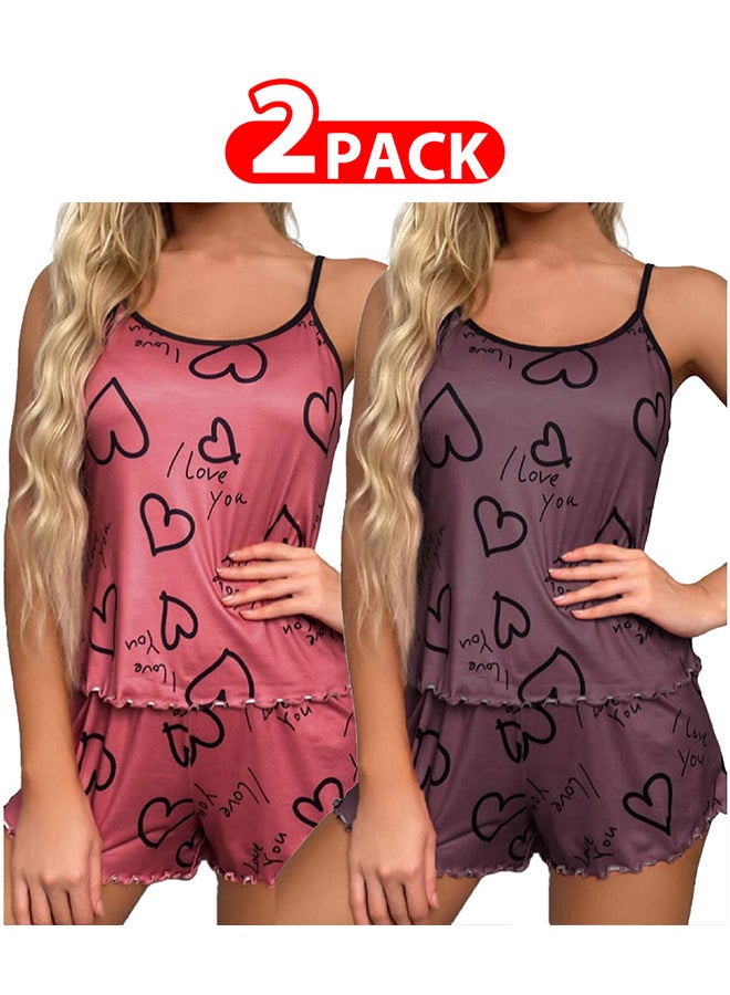 MARGOUN 2 Pack Women's XL Size 2 Pieces Heart Graphic Print Satin Lounge Set Sleeveless Binding Trim Cami Top and Shorts Pajama Set /XL Bust:98cm Waist:80cm Pants Length:34cm - Image 1