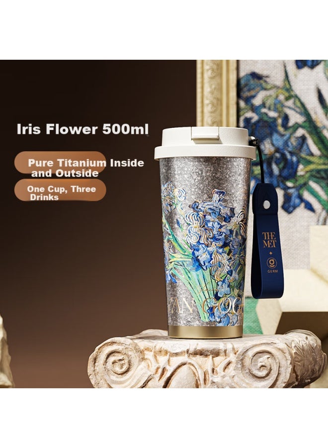 Germ Pure Titanium Insulated Mug, Van Gogh Co-branded Dual-drinking Straw Coffee Water Cup Gift Cup, 500ml Iris - Image 1