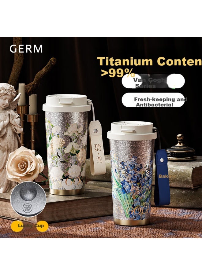Germ Pure Titanium Insulated Mug, Van Gogh Co-branded Dual-drinking Straw Coffee Water Cup Gift Cup, 500ml Iris - Image 4