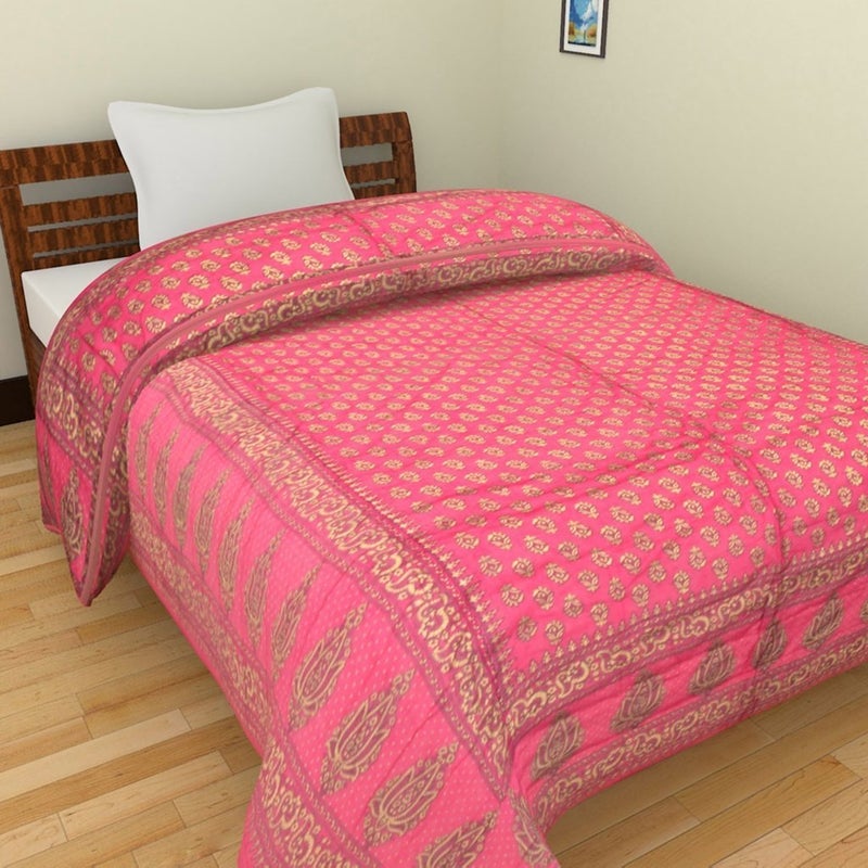 SVT Jaipuri World Famous Light Weight Pure Cotton Traditional Rajasthani Single Quilt Bed Gold Pink - Image 1