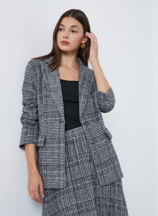 ستايلي بليزر طويل مطبع بنمط هاوندستوث مع قصة عادية - Image 1