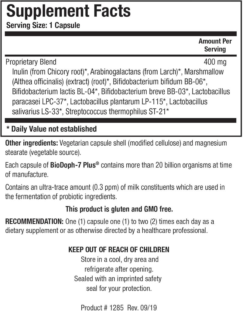 Biotics Research BioDoph7 Plus Prebiotics Probiotics for WomenMen  400 mg  Daily Probiotic Promotes Digestive Health Gut Health Clearer Skin  60 Capsules - Image 2