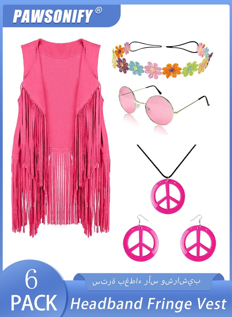 PAWSONIFY 60s 70s Outfits for Women Disco Hippie Costume Clothes Woman Peace Sign Earring Headband Fringe Vest Tassel Cardigan - Image 1