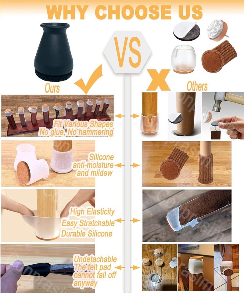 Conprasim Extra Small Silicone Chair Leg Floor Protectors with Felt, FIT 19/32” to 15/16” Glide Chair Leg Caps Silicon Furniture Leg Feet Cover Bottom Slide Protect Hardwood Floors No Scratches No Noise 24 Pack - Image 2