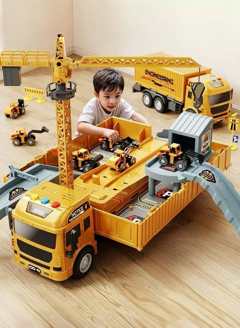 I LOVE KIDS Ejection Engineering Race Car Track,Vehicle With Music,Container Truck,12 PCS Alloy Cars,Crane,Gifts For Children 3+Years,28*12.5*9CM - Image 1