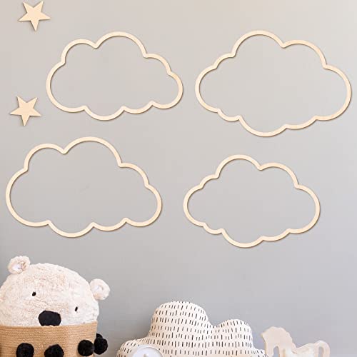Kathfly 4 Pieces Boho Nursery Cloud Star Wall Decor Wooden Babyroom Moon Rattan Wall Decor Wooden Rainbow for Children Baby Kids Boys Girls Bedroom Nursery Pendant(Cloud) - Image 5