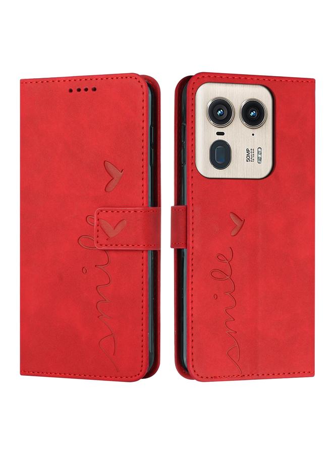 Green Tiger For Motorola Moto X50 Ultra Skin Feel Heart Embossed Leather Phone Case with Long Lanyard(Red)