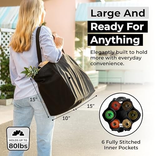 VeraMia Black Canvas Grocery Bag 3pc Jumbo Set with Real Pockets, Long Shoulder Strap and Short Handle. Reusable Shopping Bags for Groceries Heavy Duty, Foldable, Washable, Black Grocery Tote Bag - Image 4