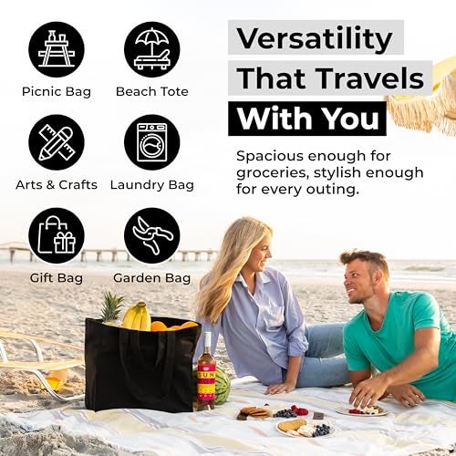 VeraMia Black Canvas Grocery Bag 3pc Jumbo Set with Real Pockets, Long Shoulder Strap and Short Handle. Reusable Shopping Bags for Groceries Heavy Duty, Foldable, Washable, Black Grocery Tote Bag - Image 5
