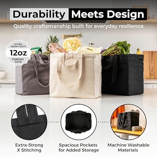 VeraMia Black Canvas Grocery Bag 3pc Jumbo Set with Real Pockets, Long Shoulder Strap and Short Handle. Reusable Shopping Bags for Groceries Heavy Duty, Foldable, Washable, Black Grocery Tote Bag - Image 3