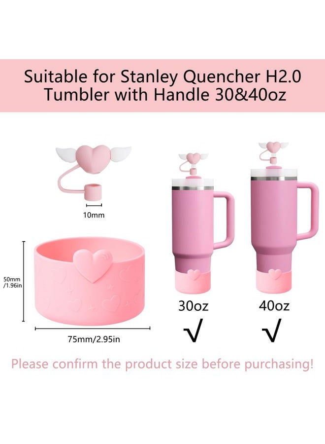 HIUSITY 4Pcs Heart Straw Cover Topper+Silicone Boot Sleeve Protector for Stanley Cup,Cute 10mm Straws Toppers Covers Cap+Resuable Boots for Stanley Tumbler 30&40oz,Stanleys Cups Accessories,PinkRose - Image 2