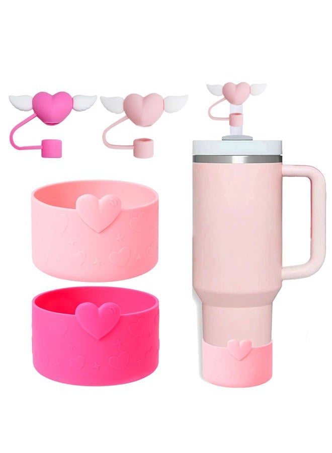 HIUSITY 4Pcs Heart Straw Cover Topper+Silicone Boot Sleeve Protector for Stanley Cup,Cute 10mm Straws Toppers Covers Cap+Resuable Boots for Stanley Tumbler 30&40oz,Stanleys Cups Accessories,PinkRose - Image 1