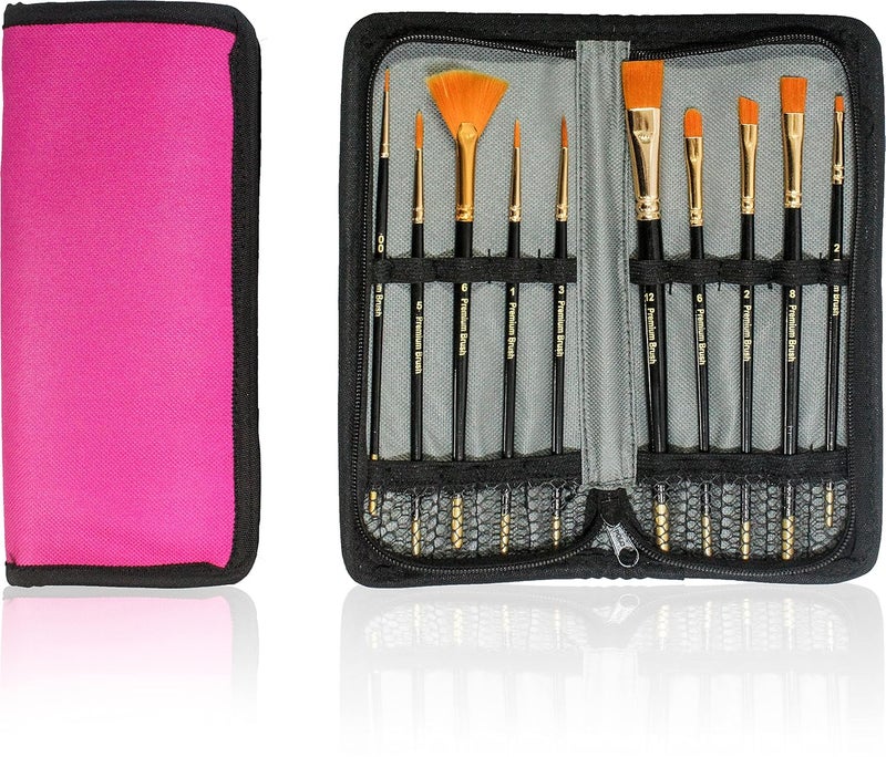 Definite Definite Art Cruelty Free Synthetic Nylon Paint Brushes in Zippered Pouch Combo of Round Flat Fan Liner Fine Filbert and Angular Pink Pouch 