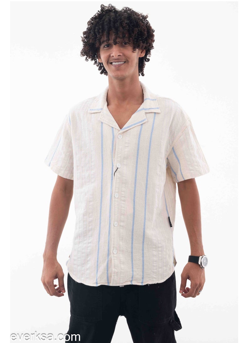 Everest Men's Beige Half-sleeve Shirt With Light Blue Stripes - Image 1
