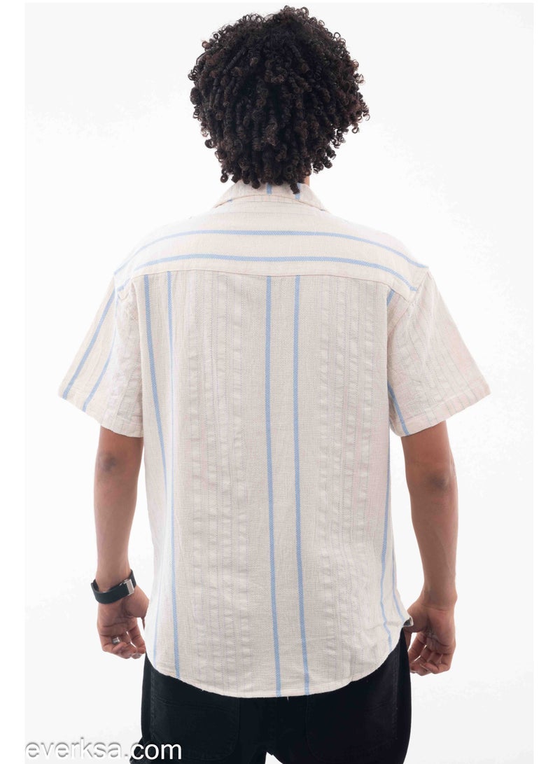 Everest Men's Beige Half-sleeve Shirt With Light Blue Stripes - Image 3