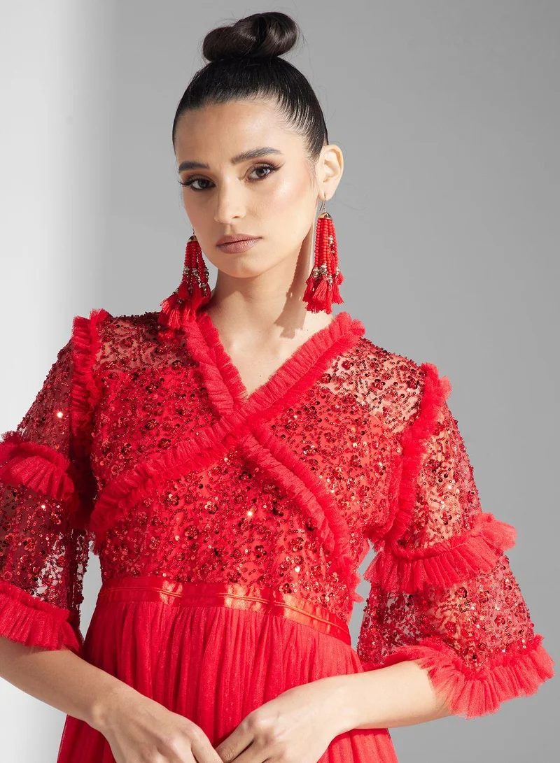 Golden Apple Ruffled Sequin Maxi Dress
