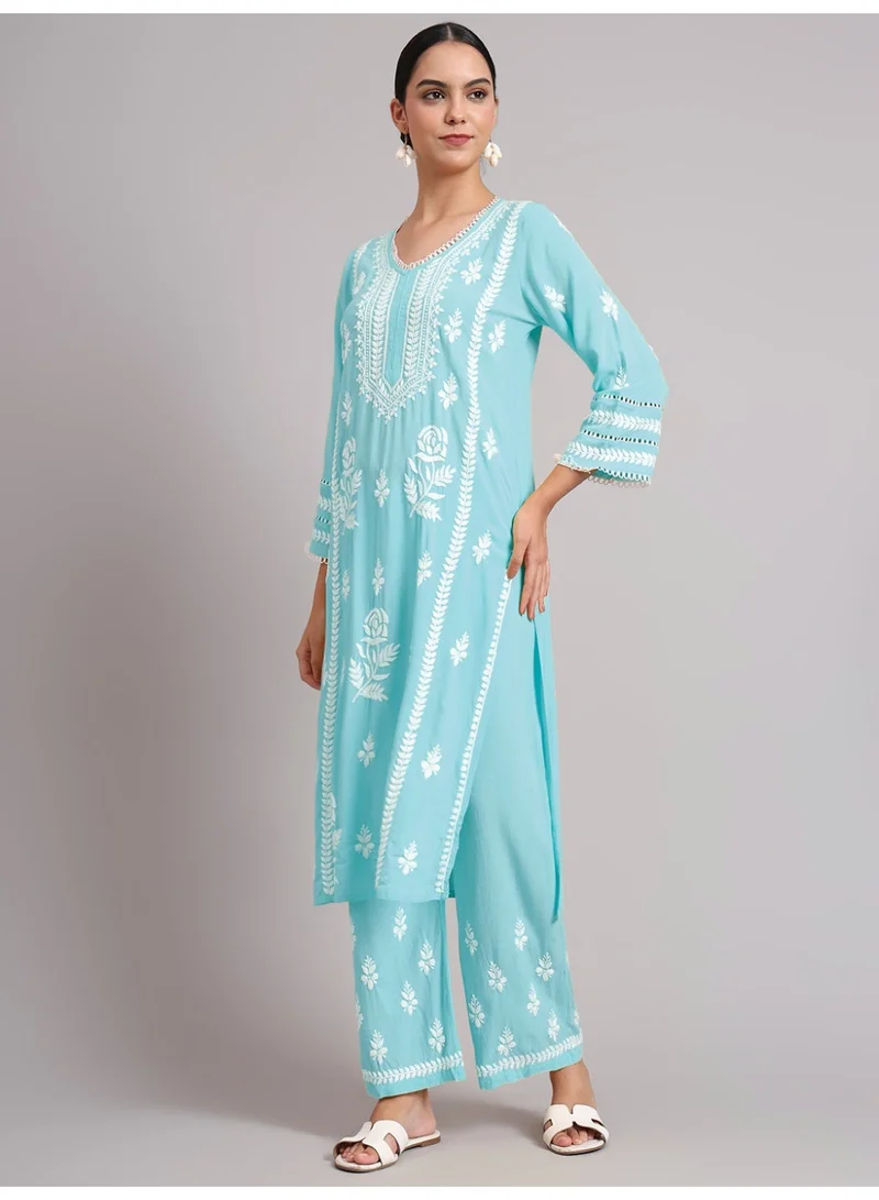 Alaya Skyblue Women Hand Embroidered Lucknowi Chikankari Rayon Kurta Set-AL4078KS for Women | Best Price UAE