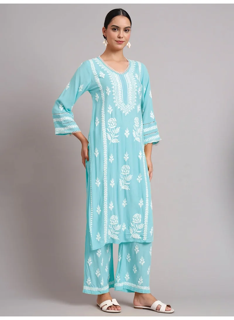 Alaya Skyblue Women Hand Embroidered Lucknowi Chikankari Rayon Kurta Set-AL4078KS for Women | Best Price UAE