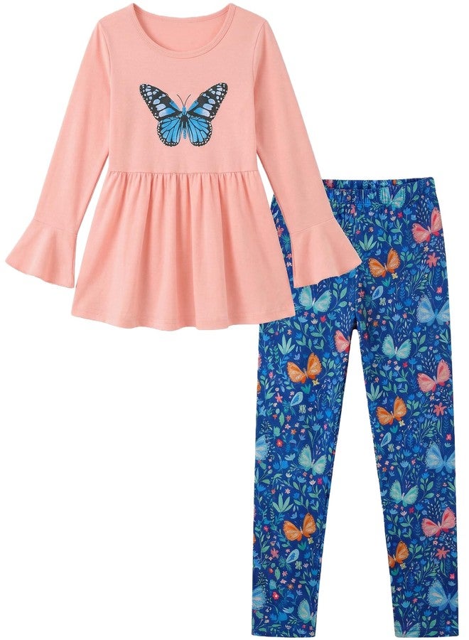 آرشنر طقم مكون من قطعتين من أرشينر للبنات الصغيرات، بلوزة بتصميم بيبلوم وبنطال ضيق مزين بالزهور، بتصميم فراشة، مناسب للفتيات من عمر 6 إلى 14 عامًا - Image 1