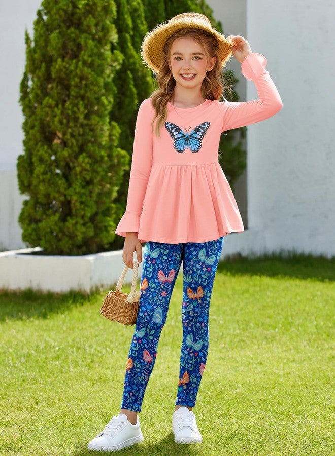آرشنر طقم مكون من قطعتين من أرشينر للبنات الصغيرات، بلوزة بتصميم بيبلوم وبنطال ضيق مزين بالزهور، بتصميم فراشة، مناسب للفتيات من عمر 6 إلى 14 عامًا - Image 4