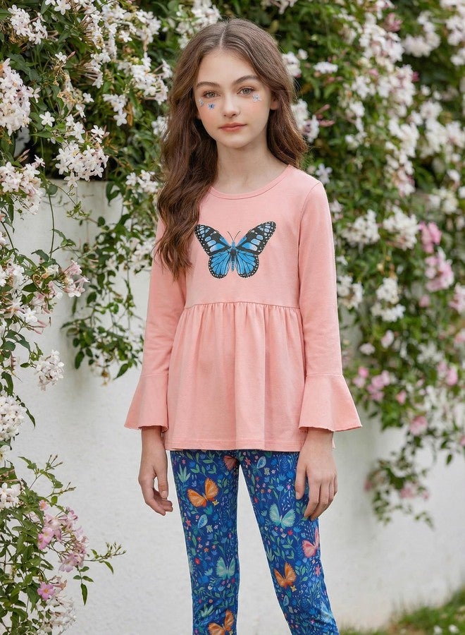 آرشنر طقم مكون من قطعتين من أرشينر للبنات الصغيرات، بلوزة بتصميم بيبلوم وبنطال ضيق مزين بالزهور، بتصميم فراشة، مناسب للفتيات من عمر 6 إلى 14 عامًا - Image 5