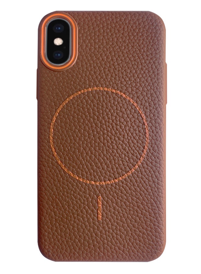 Magsafe Phone Case For iPhone XS Max With High Quality Rubber Frame And Slim Lychee Pattern Leather Case with Camera Lens Protection Shockproof Cover And support wireless Charging Leather Cover for iPhone XS Max - Brown - Image 2