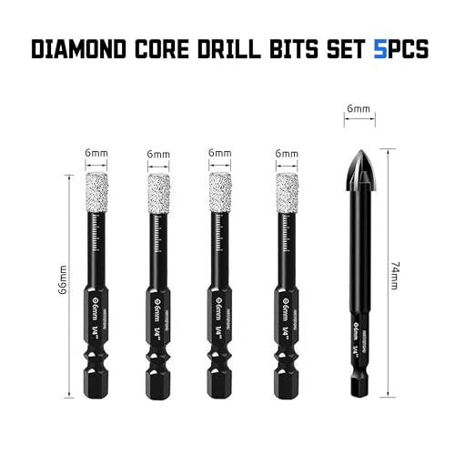 XIANFENGHU Dry Diamond Core Drill Bits Set 5PCS, 1/4" Tile Hole Saws Vacuum Brazed with Hex Shank for Ceramic, Porcelain Tiles, Marble, Granite, Quartz, Glass, Hard Materials. - Image 5