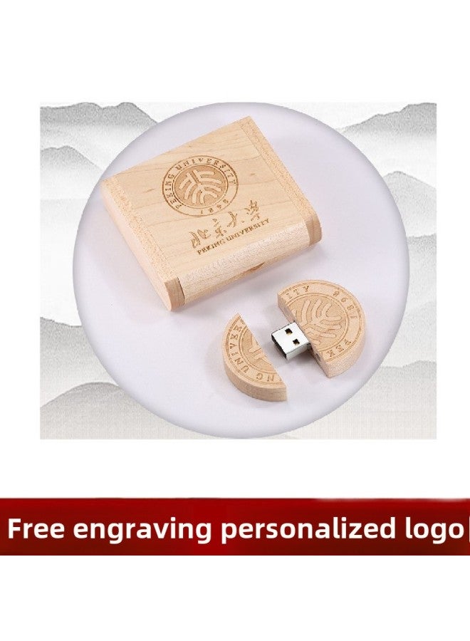 U Disk Creative Round Bamboo And Wood U Disk Graduation Commemorative Gift U Disk 32g School Emblem Creative U Disk Lettering Logo-Capacity:32GB - Image 1