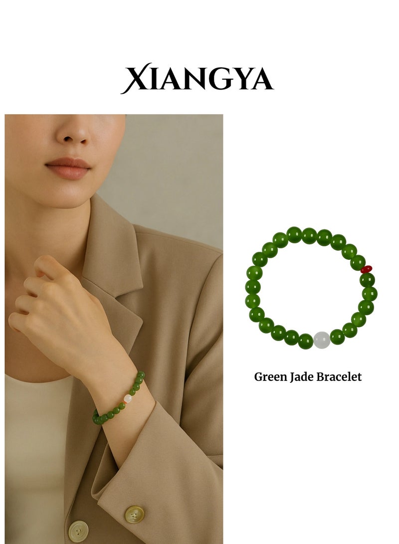 XIANGYA Green Jade Bracelet with White Glass & Red Accent Beads, 8MM Round Beads, Elastic Minimalist Jewelry | Jade Lantern - Image 1